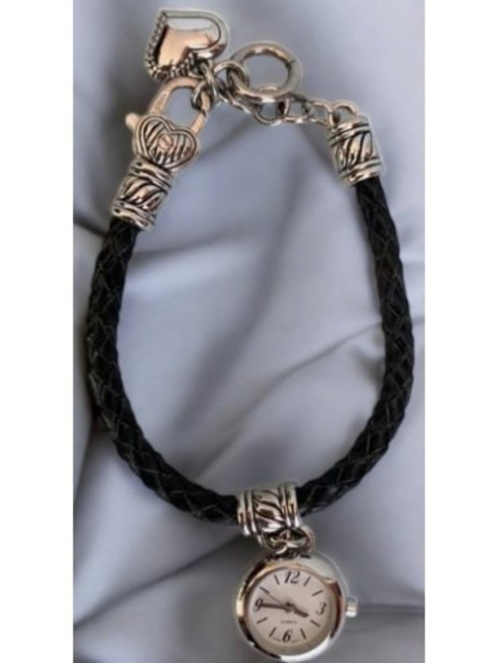 Black Braided Leather Band Silvertone Heart Charm Ladies Quartz Watch
